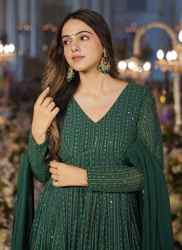 Lassya Fashion Bottle Green Elegant Aliya Cut Gown with Intricate Embroidery