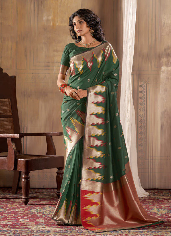 Lassya Fashion Forest Green Exquisite Banarasi Silk Saree with Temple Border Design