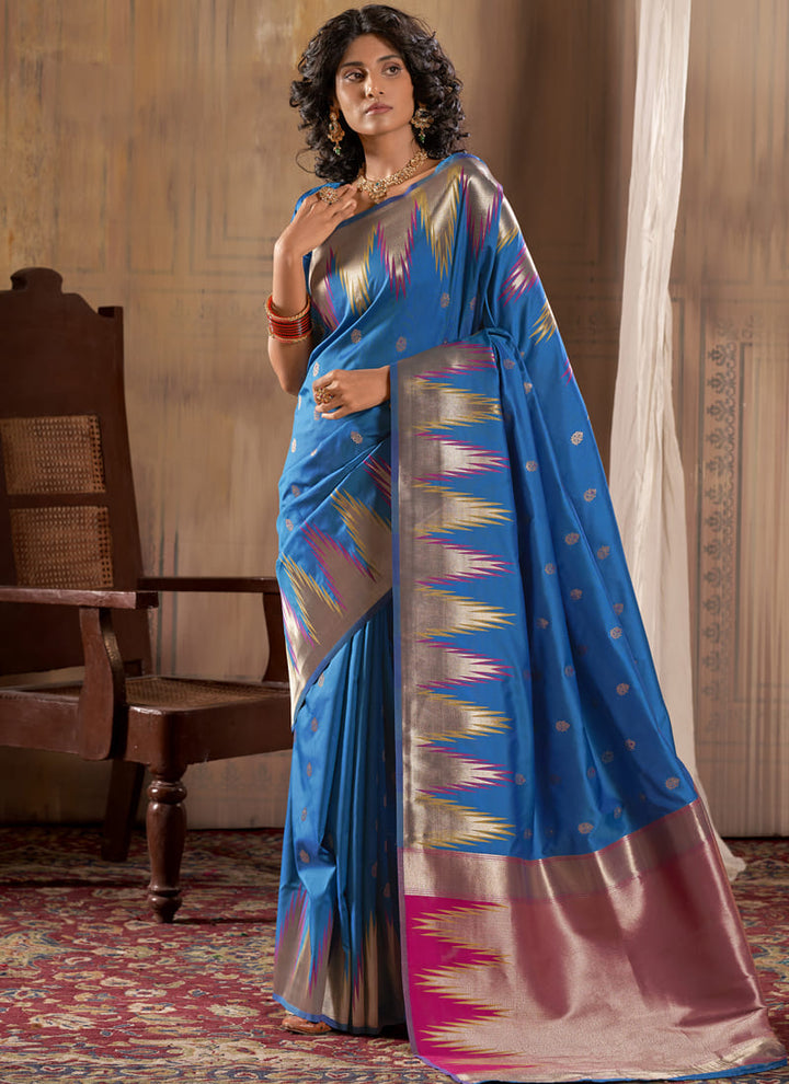 Lassya Fashion Cobalt Blue Exquisite Banarasi Silk Saree with Temple Border Design