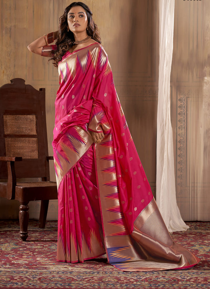 Lassya Fashion Rani Pink Exquisite Banarasi Silk Saree with Temple Border Design