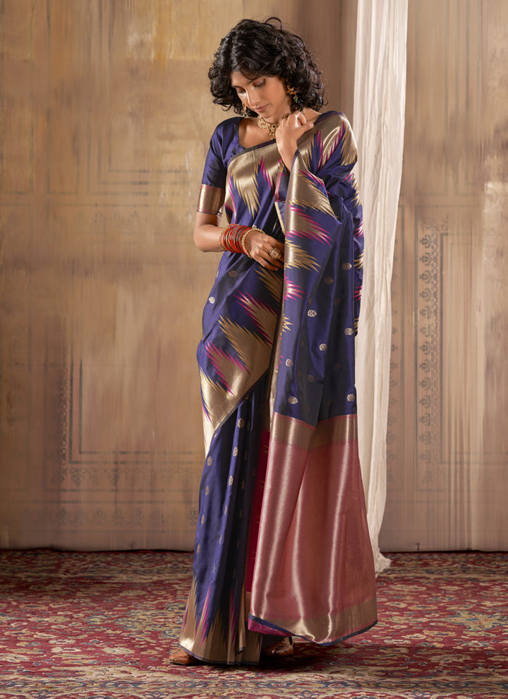 Lassya Fashion Midnight Blue Exquisite Banarasi Silk Saree with Temple Border Design