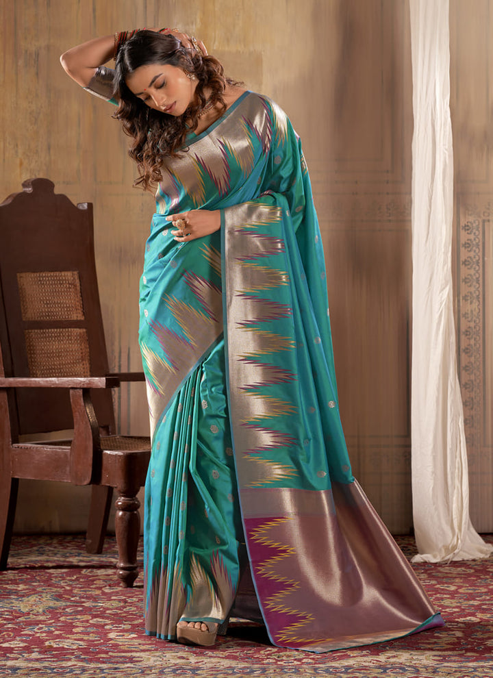 Lassya Fashion Teal Green Exquisite Banarasi Silk Saree with Temple Border Design