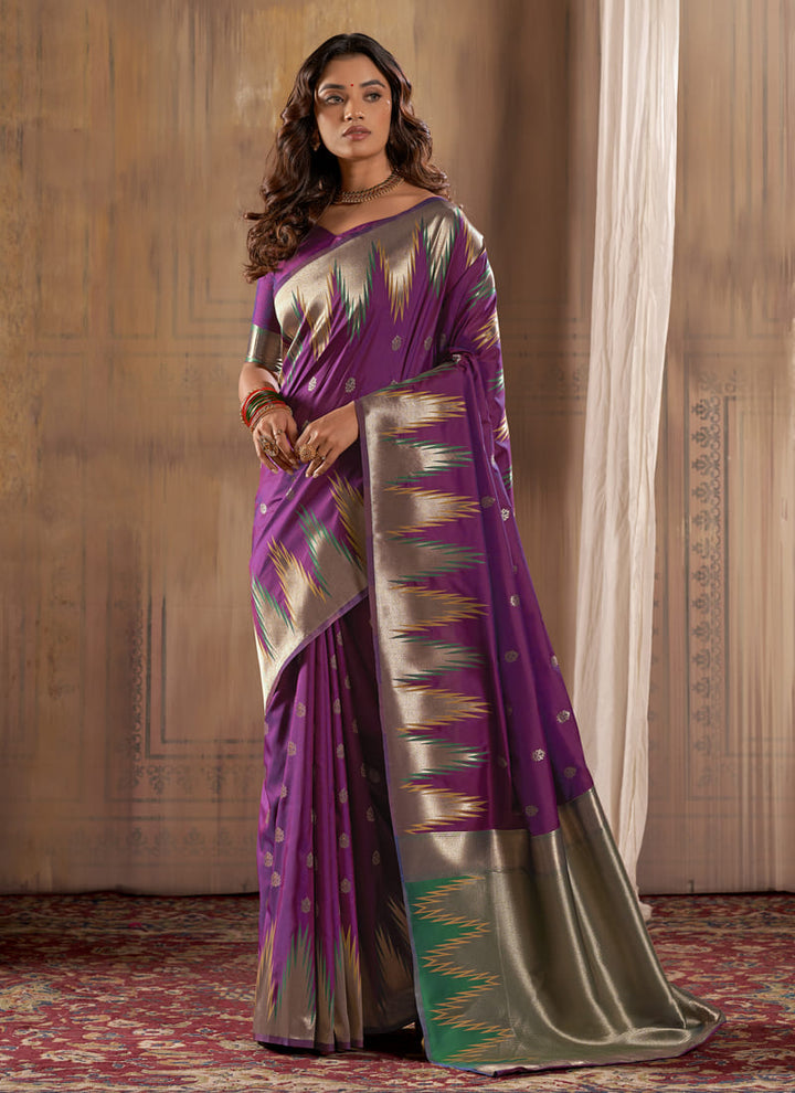 Lassya Fashion Purple Exquisite Banarasi Silk Saree with Temple Border Design