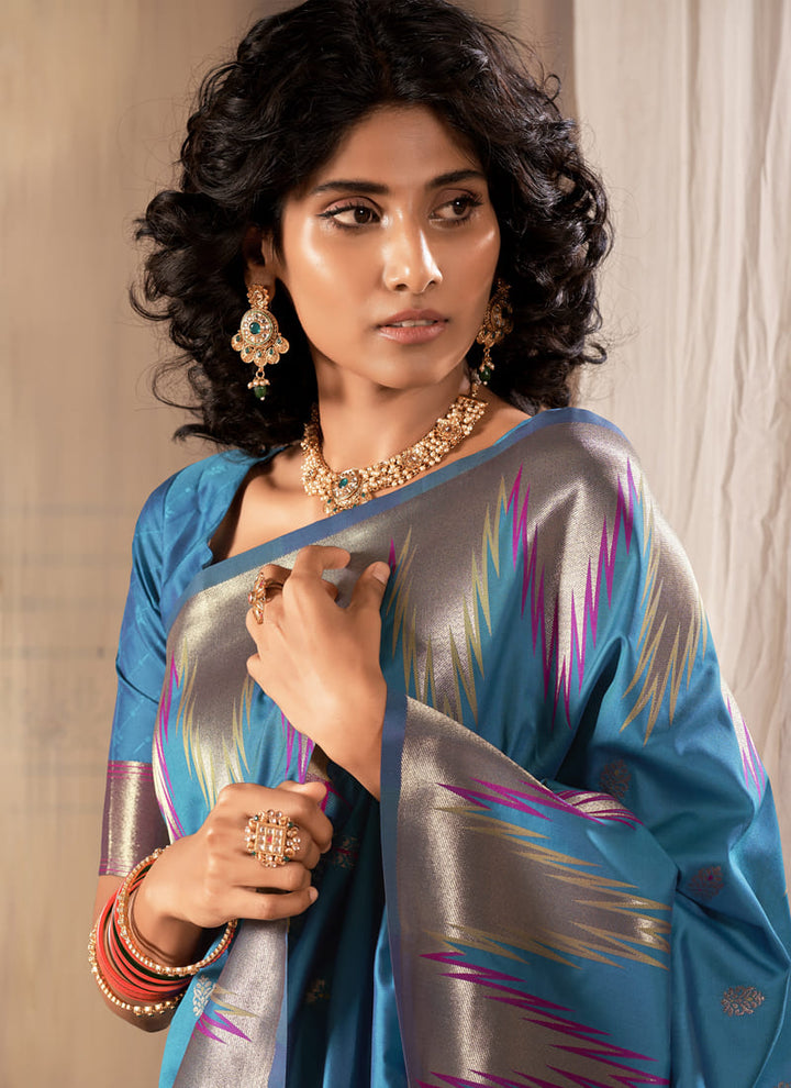 Lassya Fashion Teal Blue Exquisite Banarasi Silk Saree with Temple Border Design