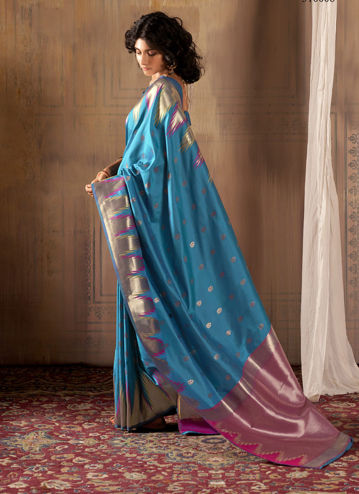 Lassya Fashion Teal Blue Exquisite Banarasi Silk Saree with Temple Border Design