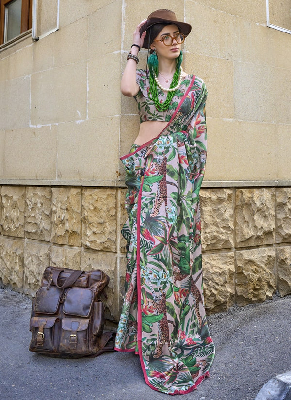 Lassya Fashion Lime Green Chic Satin Georgette Saree with Digital Prints