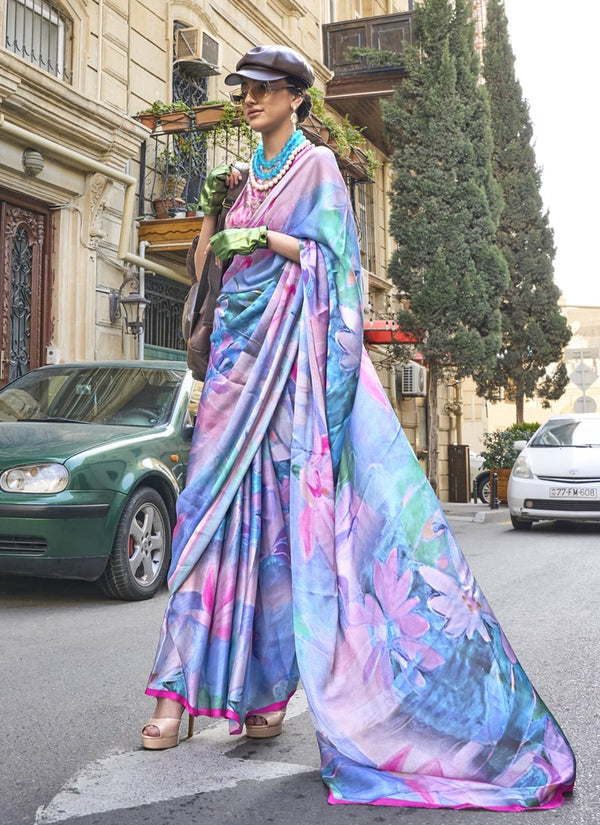 Lassya Fashion Lavender Chic Satin Georgette Saree with Digital Prints