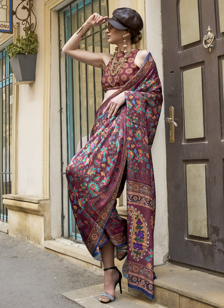 Lassya Fashion Maroon Chic Satin Georgette Saree with Digital Prints