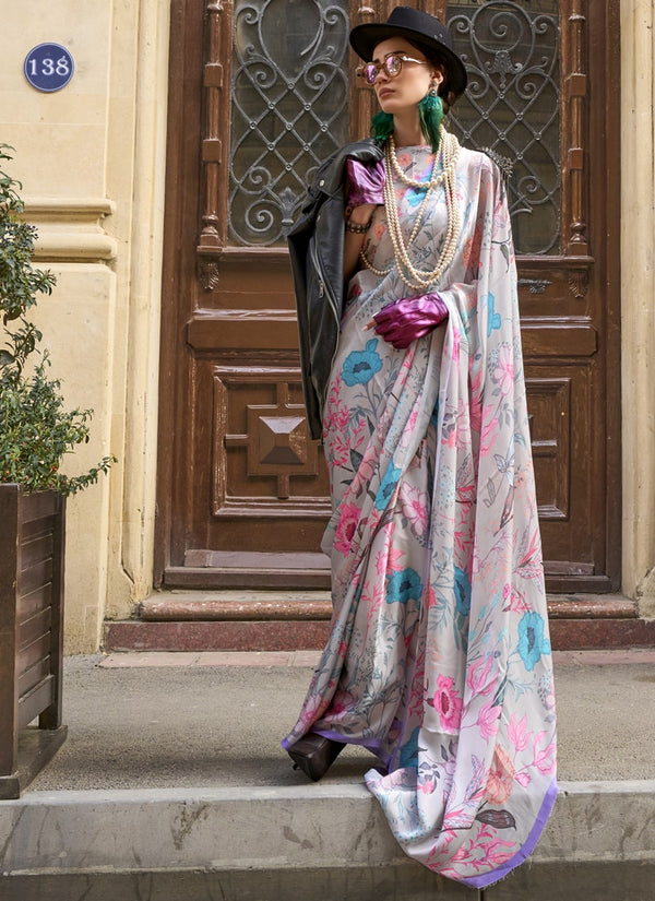 Lassya Fashion Bright Grey Chic Satin Georgette Saree with Digital Prints