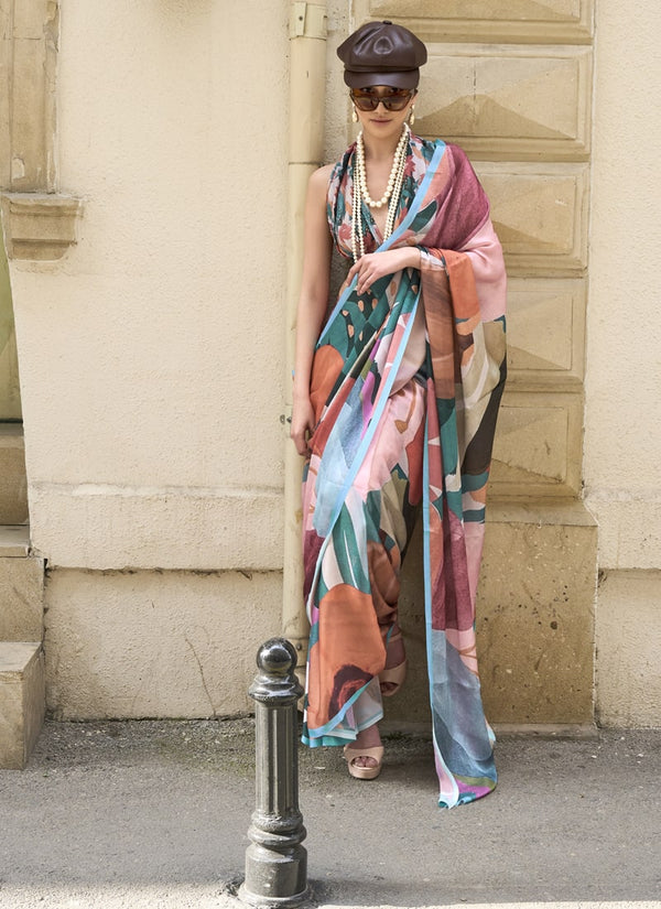 Lassya Fashion Multicolor Chic Satin Georgette Saree with Digital Prints