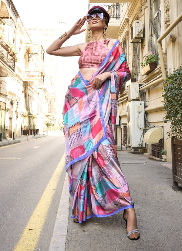 Lassya Fashion Multicolor Satin Georgette Saree Featuring Digital Print Designs