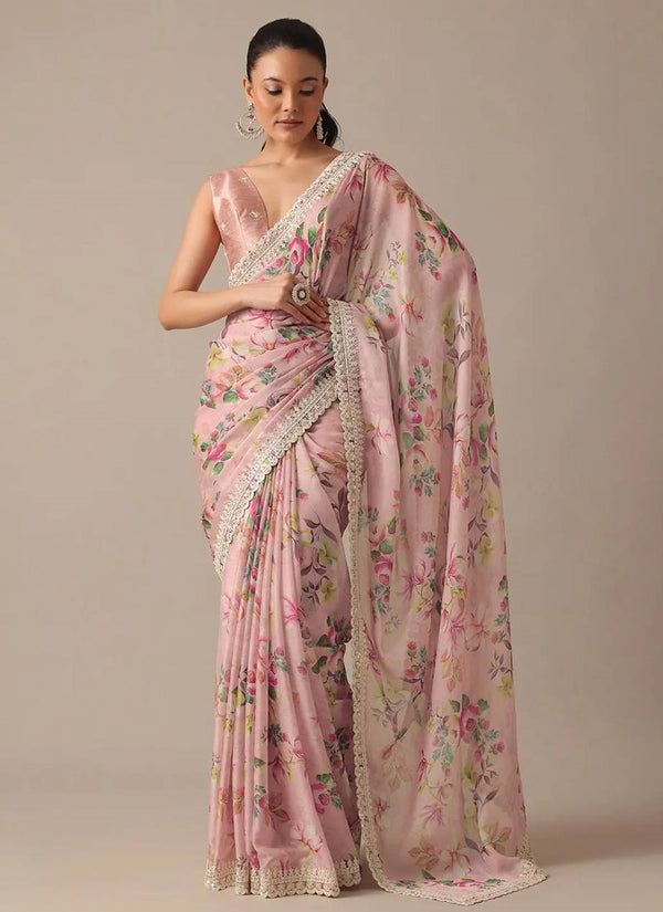 Lassya Fashion Mauve Pink Elegant Georgette Saree with Digital Prints and Intricate Embroidery