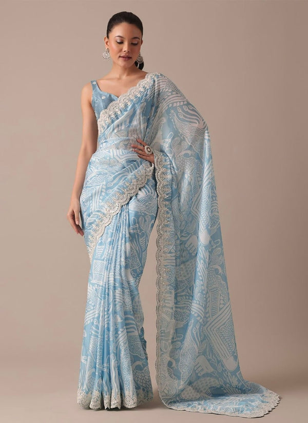 Lassya Fashion Sky Blue Georgette Saree with Digital Prints and Elegant Embroidery