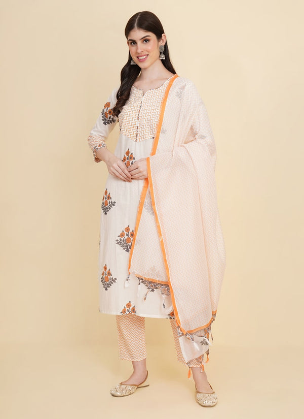 Lassya Fashion Cream Block Print Traddition Cotton Salwar Suit Set