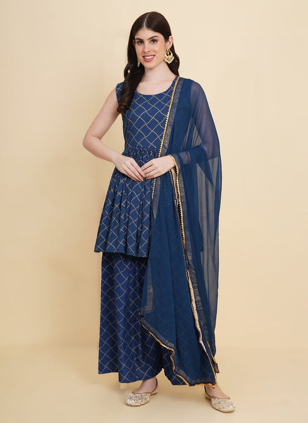 Lassya Fashion Midnight Blue Gold Print Traddition Cotton Salwar Suit Set