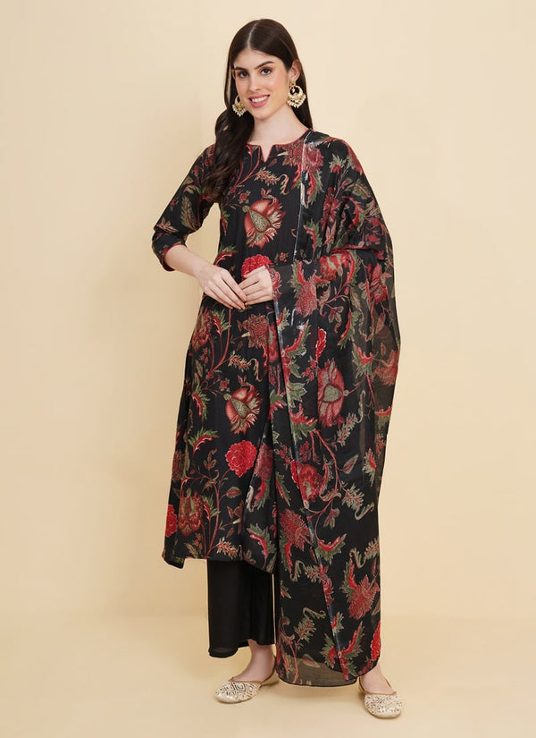 Lassya Fashion Dark Black Floral Print Traddition Cotton Salwar Suit Set