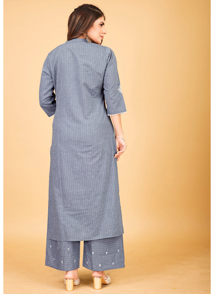 Lassya Fashion Grey-1 Denim Cotton Plazzo Suit with Stunning Mirror Work