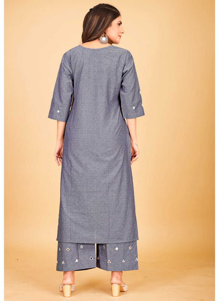 Lassya Fashion Grey-2 Denim Cotton Plazzo Suit with Stunning Mirror Work