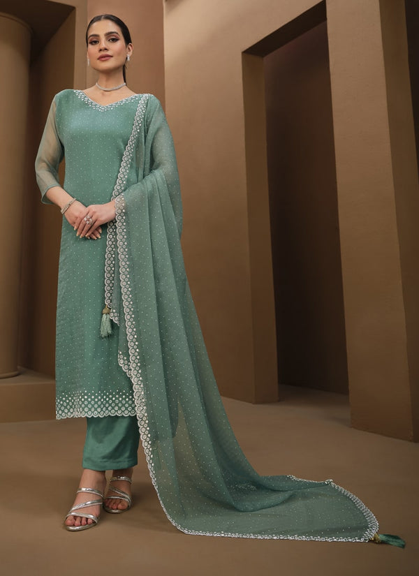 Lassya Fashion Sage Green Organza Chiffon Swarovski Salwar Suit