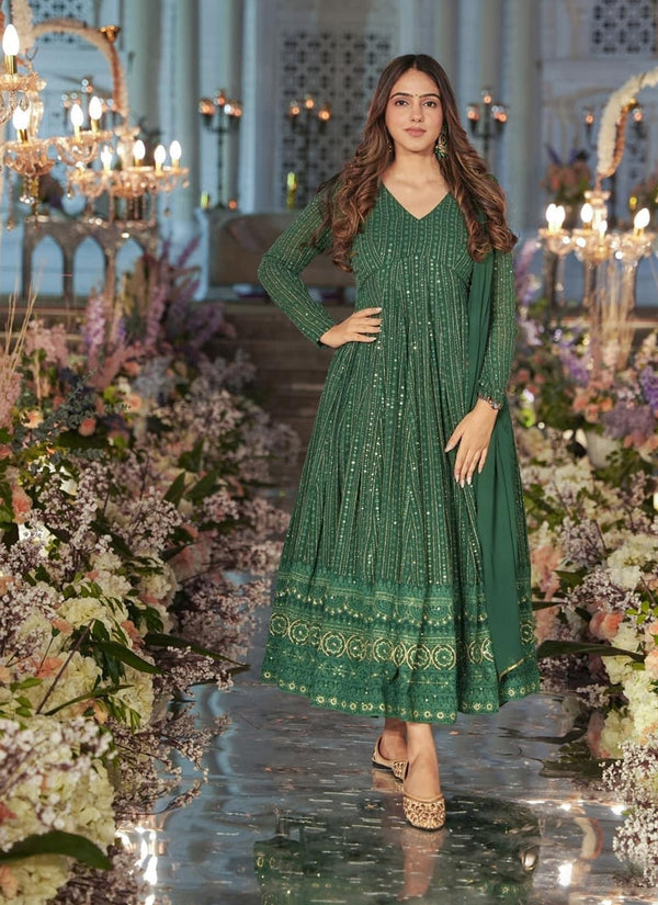 Lassya Fashion Bottle Green Elegant Aliya Cut Gown with Intricate Embroidery