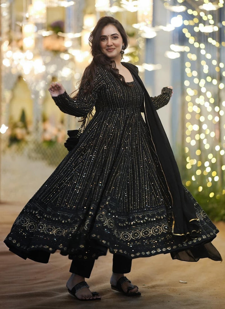 Lassya Fashion Dark Black Elegant Aliya Cut Gown with Intricate Embroidery
