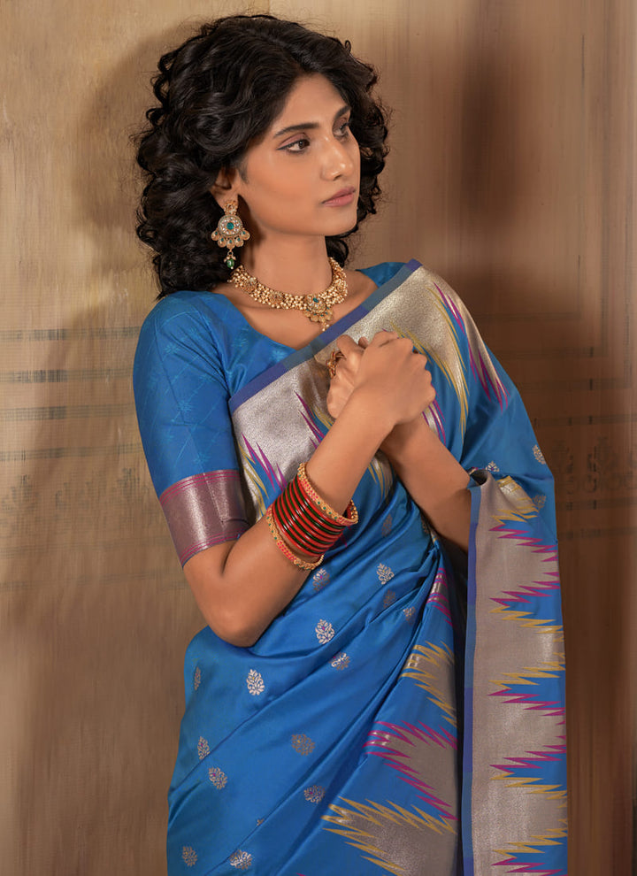 Lassya Fashion Cobalt Blue Exquisite Banarasi Silk Saree with Temple Border Design