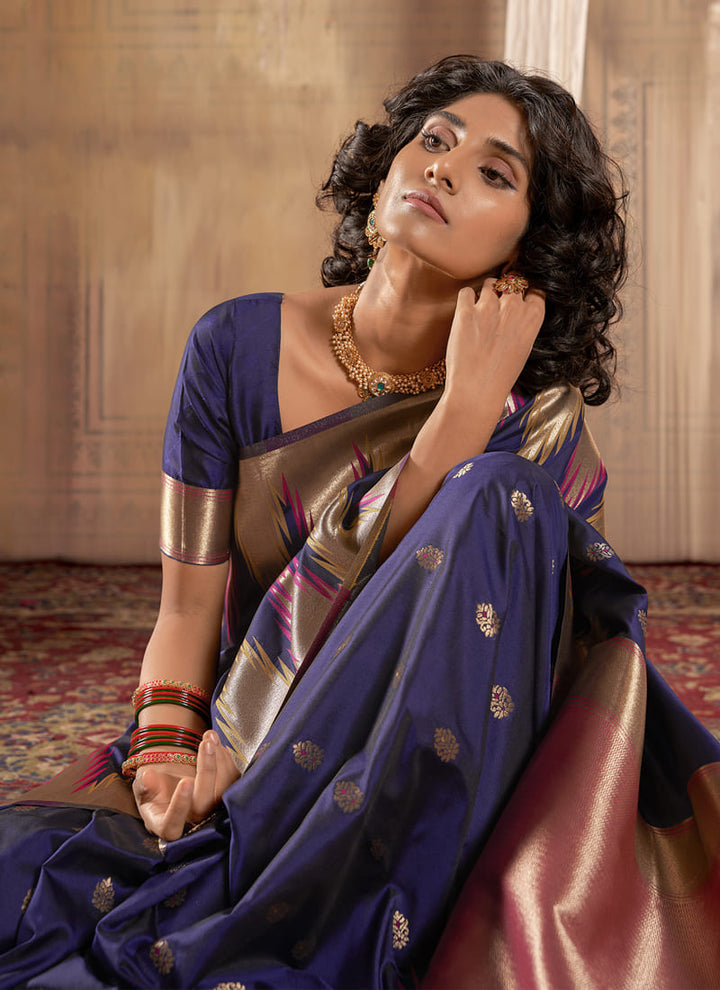 Lassya Fashion Midnight Blue Exquisite Banarasi Silk Saree with Temple Border Design