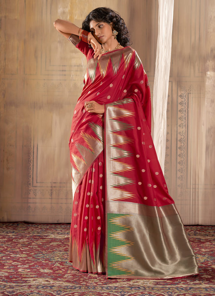 Lassya Fashion Crimson Red Exquisite Banarasi Silk Saree with Temple Border Design