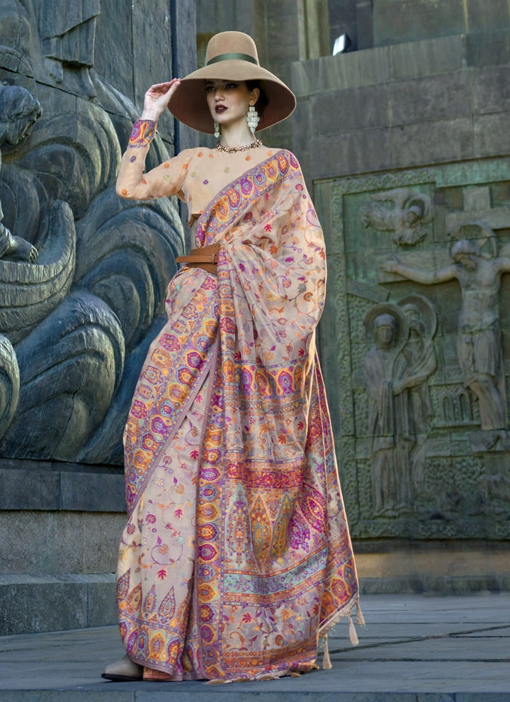 Lassya Fashion Peach Pink Elegant Organza Kashmiri Silk Saree with Silk Blouse