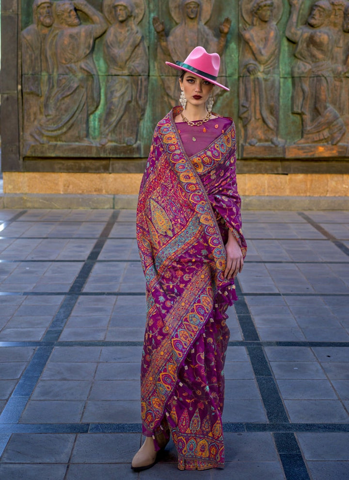 Lassya Fashion Dark Purple Elegant Organza Kashmiri Silk Saree with Silk Blouse