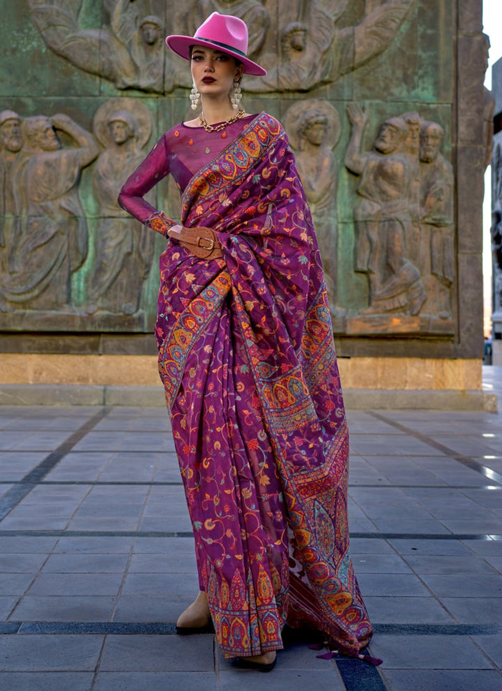 Lassya Fashion Dark Purple Elegant Organza Kashmiri Silk Saree with Silk Blouse