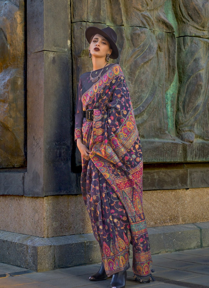 Lassya Fashion Navy Blue Elegant Organza Kashmiri Silk Saree with Silk Blouse