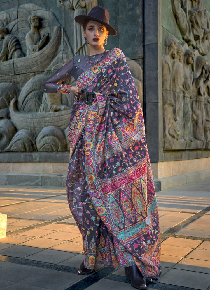 Lassya Fashion Navy Blue Elegant Organza Kashmiri Silk Saree with Silk Blouse