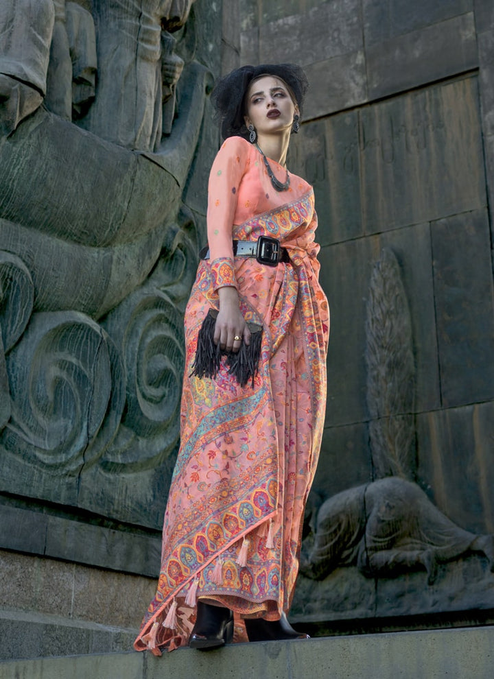 Lassya Fashion Orange Peach Elegant Organza Kashmiri Silk Saree with Silk Blouse