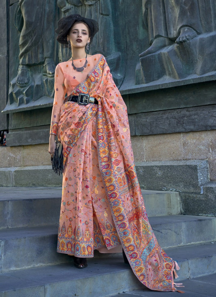 Lassya Fashion Orange Peach Elegant Organza Kashmiri Silk Saree with Silk Blouse