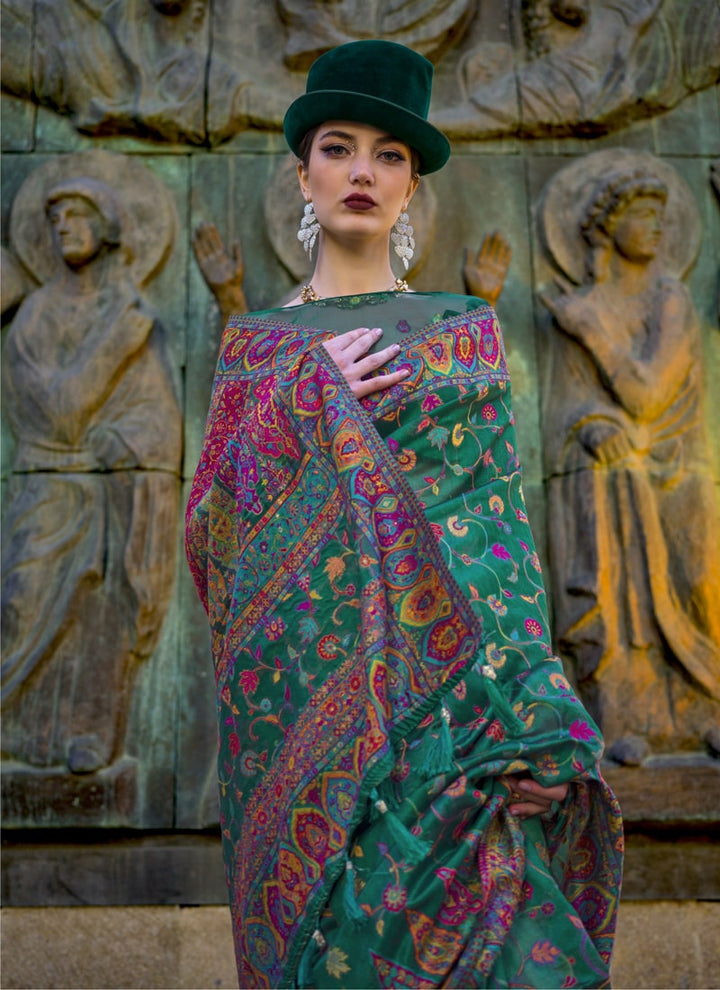 Lassya Fashion Rama Green Elegant Organza Kashmiri Silk Saree with Silk Blouse