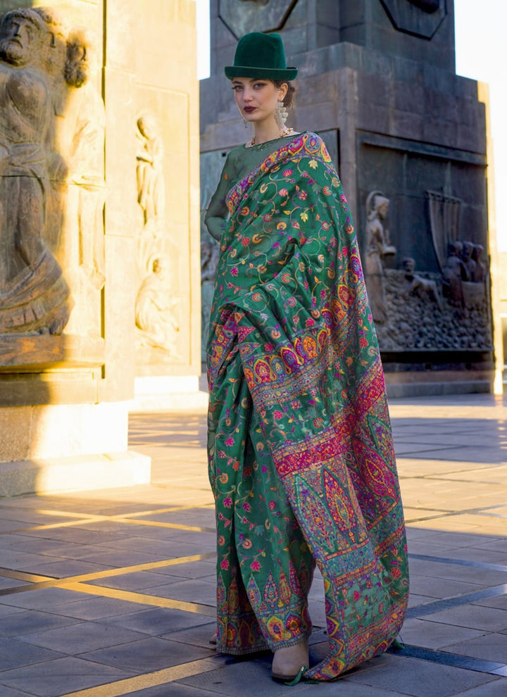 Lassya Fashion Rama Green Elegant Organza Kashmiri Silk Saree with Silk Blouse