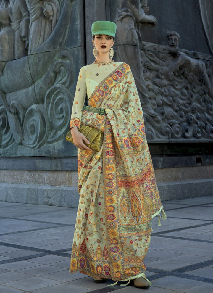 Lassya Fashion Mint Green Elegant Organza Kashmiri Silk Saree with Silk Blouse