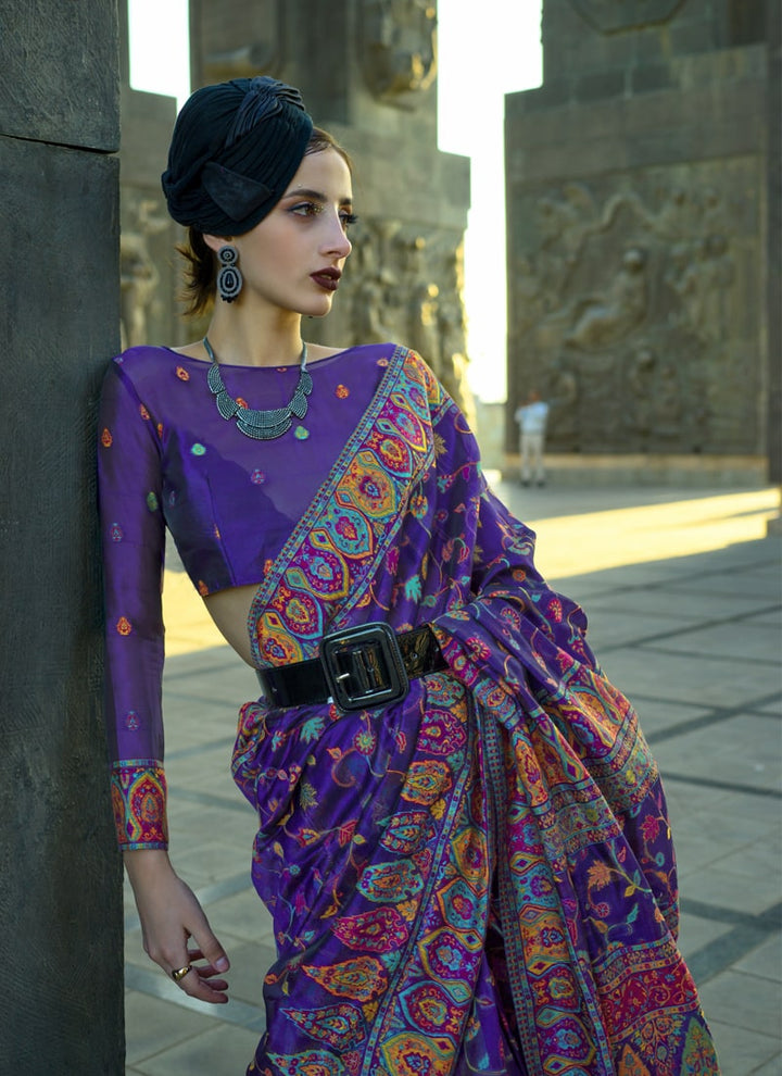 Lassya Fashion Royal Blue Elegant Organza Kashmiri Silk Saree with Silk Blouse