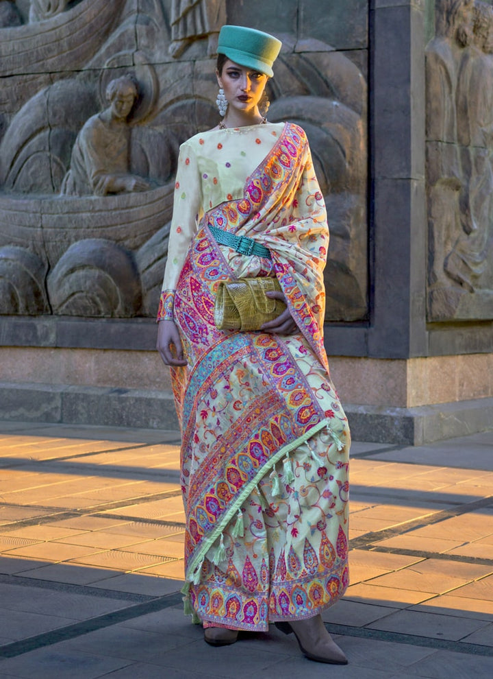Lassya Fashion Sky Blue Elegant Organza Kashmiri Silk Saree with Silk Blouse
