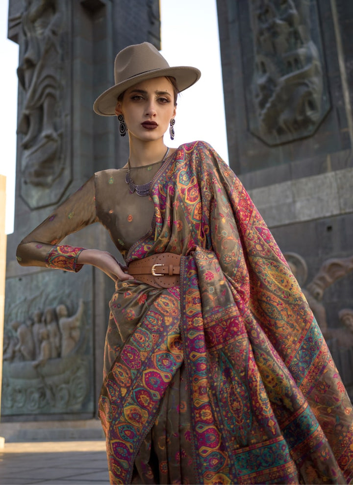 Lassya Fashion Dusty Brown Elegant Organza Kashmiri Silk Saree with Silk Blouse