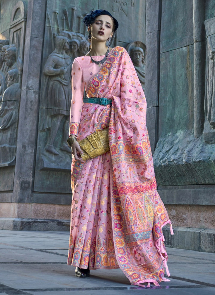 Lassya Fashion Light Pink Elegant Organza Kashmiri Silk Saree with Silk Blouse