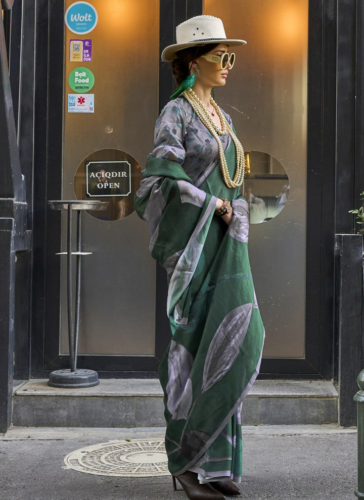 Lassya Fashion Pine Green Chic Satin Georgette Saree with Digital Prints