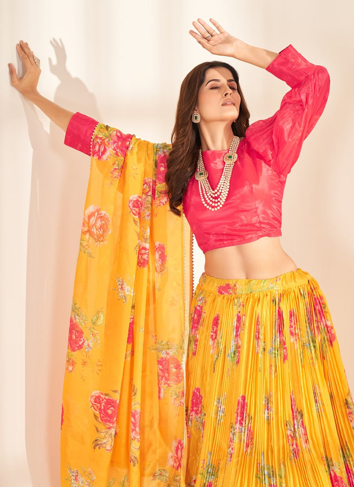 Lassya Fashion Yellow And Pink Floral Digital Printed Organza Lehenga Choli Set