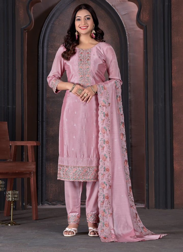 Lassya Fashion Orchid Pink Chic Chinon Straight Salwar Suit Ensemble