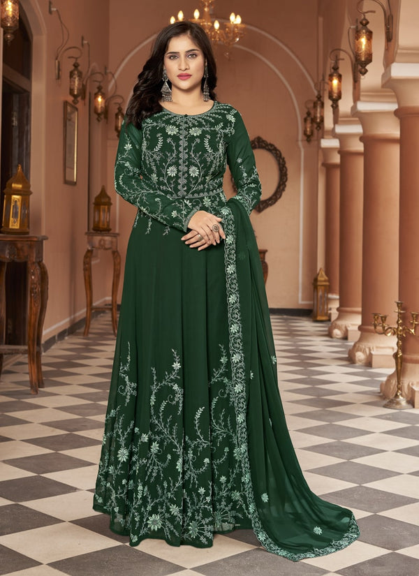 Lassya Fashion Bottle Green Elegant Blooming Faux Georgette Anarkali Suit