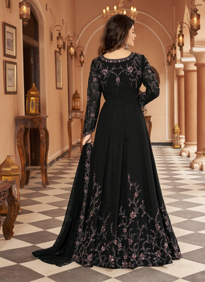 Lassya Fashion Midnight Black Elegant Blooming Faux Georgette Anarkali Suit