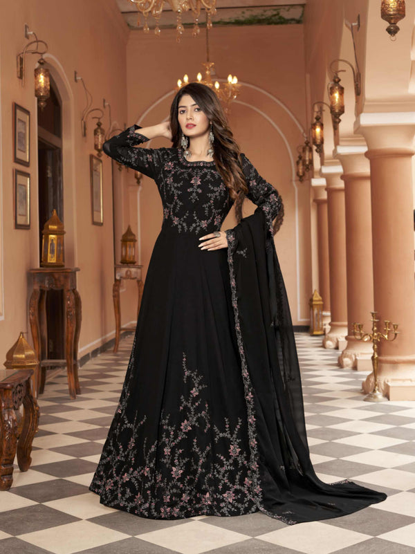 Lassya Fashion Midnight Black Elegant Blooming Faux Georgette Anarkali Suit