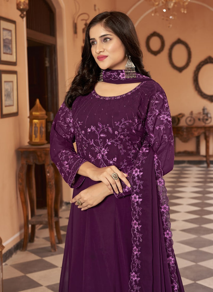 Lassya Fashion Dark Purple Elegant Blooming Faux Georgette Anarkali Suit