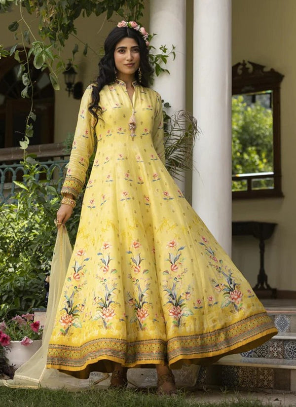 Lassya Fashion Corn Yellow Exclusive Designer Gown Pure Dola Jacquard Butti